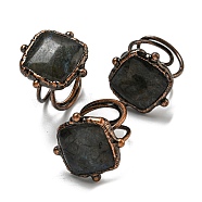 Natural Labradorite Adjustable Rings, with Red Copper Brass Findings, Jewely for Unisex, Square, Adjustable(RJEW-K269-02R)