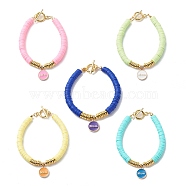 5Pcs 5 Color Handmade Polymer Clay Heishi Surfer Stretch Bracelets Set, Word Mom Alloy Enamel Charms Stackable Bracelets for Mother's Day, Mixed Color, 7-1/2 inch(19cm), 1Pc/color(BJEW-JB08861)