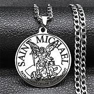 304 Stainless Steel Pendant Necklaces, Flat Round with Saint Michael, Stainless Steel Color, 23.43 inch(59.5cm)(NJEW-C066-04P)