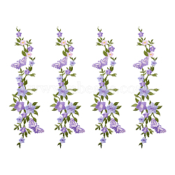 4Pcs Polyester Rayon Flower Embroider Thread Iron on/Sew On Patches, Cloth Appliques, Plum, 275x80x1.5mm(PATC-HY0001-88C)
