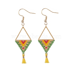 Glass Seed Braided Triangle Dangle Earrings, with Polycotton Tassels, Golden 304 Stainless Steel Triangle Jewelry for Women, Lime Green, 62mm, Pin: 0.7mm(EJEW-MZ00053-01)