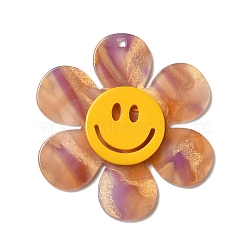 Two Tone Acrylic Big Pendants, Flower with Smiling Face, Thistle, 55x50x4.5mm, Hole: 1.8mm(OACR-B008-D04)