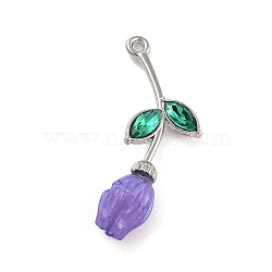 Alloy Resin Flower Pendants, Rose Charms with Glass Leaf, Platinum, Purple, 32.5x14.5x7.5mm, Hole: 1.6mm(PALLOY-U003-06P-01)