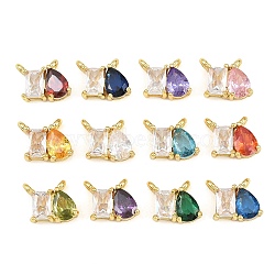 Brass Pave Cubic Zirconia Charms, Rectangle with Teardrop Charms, Rack Plating, Long-Lasting Plated, Lead Free & Cadmium Free, Golden, Mixed Color, 9x10.5x4mm, Hole: 1.5mm(CU-CBA6A75-03G)