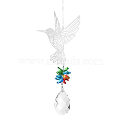 Teardrop Glass Hanging Suncatcher Pendant Decoration, Crystal Ceiling Chandelier Ball Prism Pendants, with Stainless Steel Findings, Bird, 350x91mm, pendant: 50x34mm, bird: 100mm(DJEW-PW0008-03)