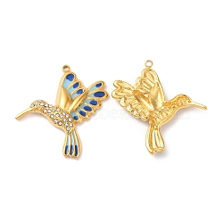 304 Stainless Steel Enamel Pendants, with Rhinestones, Real 18K Gold Plated, Brid Charm, Dark Blue, 29x26.5x3mm, Hole: 1.4mm(STAS-K256-05G-02)