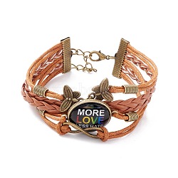 Rainbow Pride Bracelet, More Love Less Hate Flat Round & Butterfly Links Multi-strand Bracelet for Men Women, Chocolate, Word, 7-1/4 inch(18.5cm)(BJEW-F426-01J)
