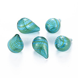 Transparent Handmade Blown Glass Globe Beads, Stripe Pattern, Teardrop, Medium Turquoise, 28~29.5x18.5~19.5mm, Hole: 1.2~2.2mm(X-GLAA-T012-05)