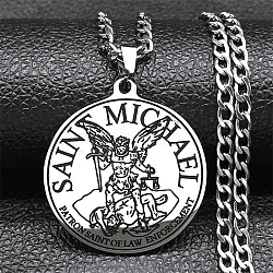 304 Stainless Steel Pendant Necklaces, Flat Round with Saint Michael, Stainless Steel Color, 23.43 inch(59.5cm)(NJEW-C066-04P)