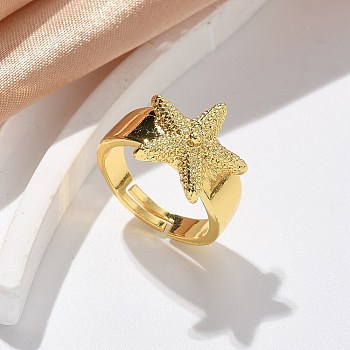 Brass Cuff Rings for Women, Starfish, Real 18K Gold Plated, 15.5x15.5mm, Inner Diameter: 17.5mm