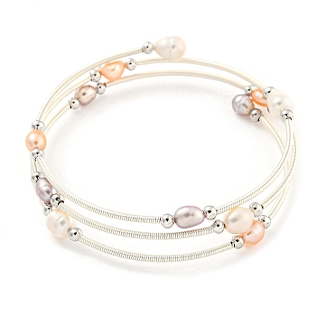 Four-Loops Brass & Natural Freshwater Pearl Beaded Wrap Bracelets for Women, Silver, Inner Diameter: 1-7/8 inch(4.8cm)