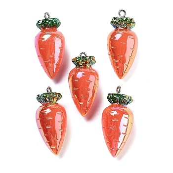 AB Color Resin Pendants, Vegetable Charms with Platinum Plated Iron Loops, Carrot, 34~37x15~16mm, Hole: 2mm