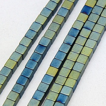 Electroplate Non-magnetic Synthetic Hematite Beads Strands, Frosted, Cube, Grade A, Green Plated, 3x3x3mm, Hole: 1mm, about 127pcs/strand, 16 inch