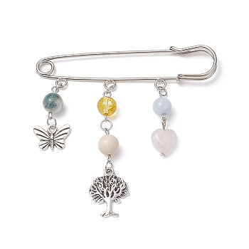 Natural & Synthetic Mixed Gemstone Heart & Butterfly & Tree Charms Safety Pin Brooch, Alloy Lapel Pin for Sweater Clasp Pants Waist Extender, Platinum, 75x76x5mm