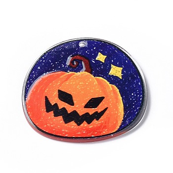 Halloween Theme Opaque Printed Acrylic Pendants, Oval Charms, Pumpkin, 38x42x2mm, Hole: 2mm