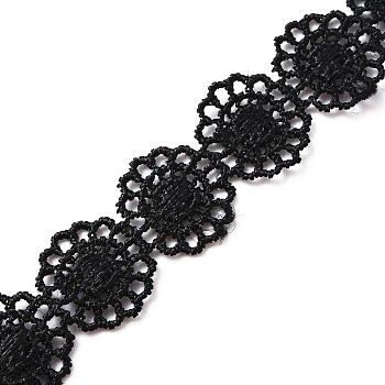 Polyester Lace Trim, Embroidery Ancient Hanfu Lace Ribbon, Flower, Black, 5/8 inch(15mm)