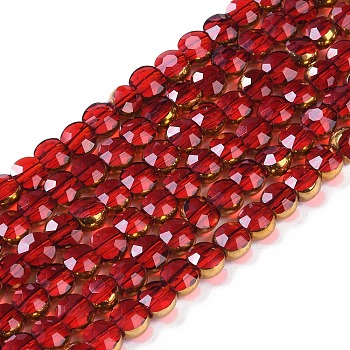 Electroplate Glass Beads Strands, Full Plated, Faceted, Flat Round, Crimson, 4x4.5x3.5mm, Hole: 0.8mm, about 74pcs/strand, 11.73''(29.8cm)