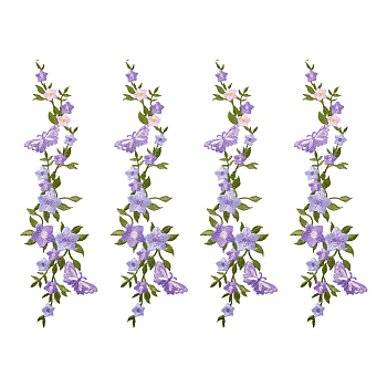 4Pcs Polyester Rayon Flower Embroider Thread Iron on/Sew On Patches, Cloth Appliques, Plum, 275x80x1.5mm