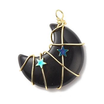 Natural Obsidian Copper Wire Wrapped Pendants, with Electroplate Non-magnetic Star Synthetic Hematite, Golden, Moon, 41~43x35x11mm, Hole: 3~3.5mm