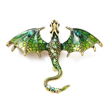 Dragon Enamel Pins, Antique Golden Plated Alloy Rhinestone Brooch for Unisex, Green, 61x71x11mm