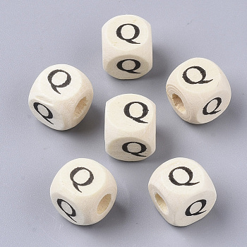 Printed Natural Wood Beads, Horizontal Hole, Cube with Initial Letter, PapayaWhip, Letter.Q, 10x10x10mm, Hole: 3.5mm, about 1000pcs/500g