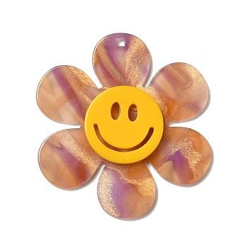 Two Tone Acrylic Big Pendants, Flower with Smiling Face, Thistle, 55x50x4.5mm, Hole: 1.8mm