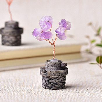 Natural Amethyst Chips Tree Decorations, Millstone Base with Copper Wire Feng Shui Energy Stone Gift for Home Office Desktop Decoration, 30x25x50mm