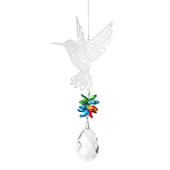 Teardrop Glass Hanging Suncatcher Pendant Decoration, Crystal Ceiling Chandelier Ball Prism Pendants, with Stainless Steel Findings, Bird, 350x91mm, pendant: 50x34mm, bird: 100mm