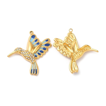 304 Stainless Steel Enamel Pendants, with Rhinestones, Real 18K Gold Plated, Brid Charm, Dark Blue, 29x26.5x3mm, Hole: 1.4mm