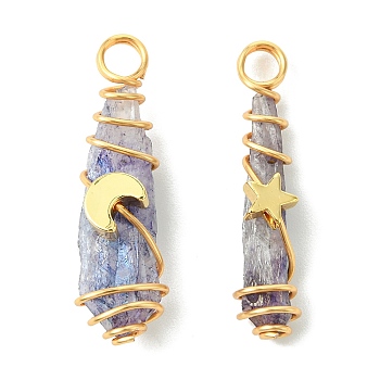 2Pcs Electroplated Natural Quartz Crystal Dyed Copper Wire Wrapped Pendants, Teardrop Charms with Brass Star & Moon, Golden, Sky Blue, 28~37x9.5~15.5x7.5~16mm, Hole: 3.5~4mm