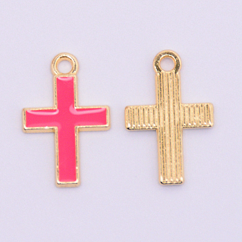 Alloy Enamel Pendants, Lead Free & Cadmium Free, Cross, Light Gold, Hot Pink, 16x10x1mm, Hole: 1.5mm