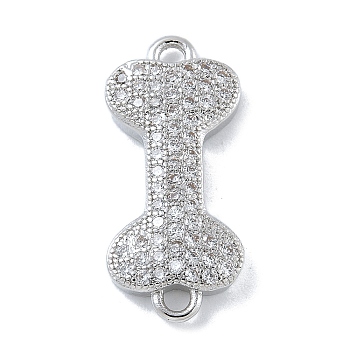 Rack Plating Brass Micro Pave Clear Cubic Zirconia Bone Connector Charms, Long-Lasting Plated, Cadmium Free & Lead Free, Platinum, 19.5x8.5x2.5mm, Hole: 1.4mm