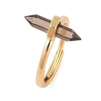 Double Pointed Hexagonal Prism  Natural Smoky Quartz Adjustable Rings for Women, Ion Plating(IP) Brass Rings, Golden, Hexagonal Prism: 17x7.5mm, US Size 6(16.5mm)