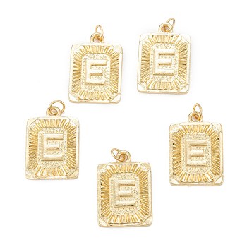 Brass Pendants, with Jump Ring, Long-Lasting Plated, Cadmium Free & Nickel Free & Lead Free, Rectangle with Alphabet, Real 18K Gold Plated, Letter.E, 23.5x16x2mm, Jump Ring: 5x0.7mm, 3.6mm Inner Diameter