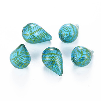 Transparent Handmade Blown Glass Globe Beads, Stripe Pattern, Teardrop, Medium Turquoise, 28~29.5x18.5~19.5mm, Hole: 1.2~2.2mm