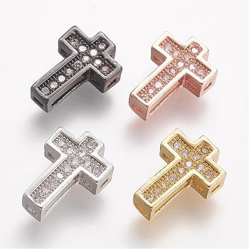 Brass Micro Pave Cubic Zirconia Beads, Cross, Clear, Mixed Color, 10.5x7.5x3mm, Hole: 1mm