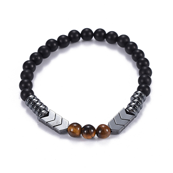 Natural Black Agate(Dyed) & Tiger Eye Beads Stretch Bracelets, with Non-Magnetic Synthetic Hematite Beads, 2 inch(5.2cm)