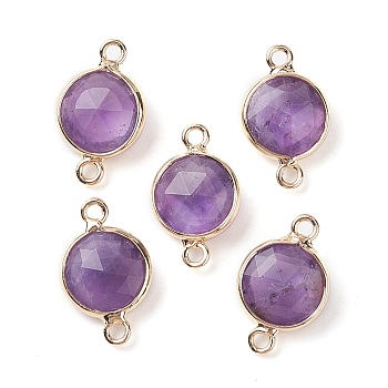 Natural Amethyst Connector Charms, Faceted Flat Round with Golden Plated Brass Frame, 16.5x10.5x5mm, Hole: 1.5mm