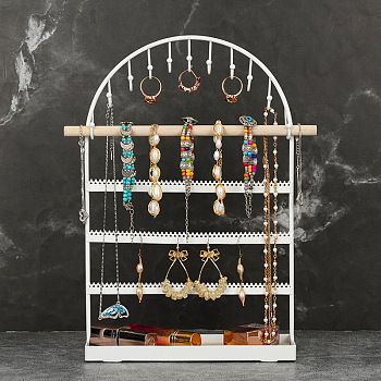 Arch Shaped Iron Jewelry Storage Rack with Wood Mat, Jewelry Organizer Holder Jewelry Tower with Tray, for Bracelet, Necklace, Earrings, Cosmetics Storage, White, 21x8x32cm