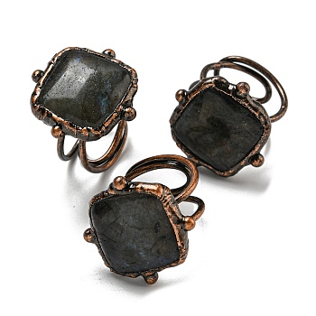 Natural Labradorite Adjustable Rings, with Red Copper Brass Findings, Jewely for Unisex, Square, Adjustable