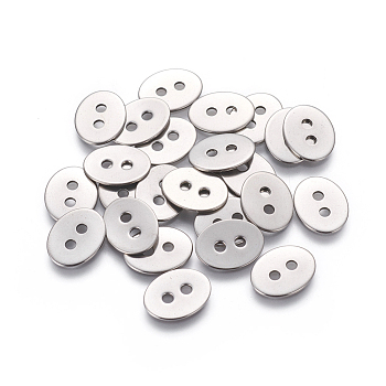 201 Stainless Steel Buttons, Oval, 2-Hole, Stainless Steel Color, 14x11x0.9mm, Hole: 2mm