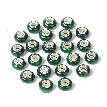 Rondelle Resin European Beads, Large Hole Beads, Imitation Stones, with Silver Tone Brass Double Cores, Dark Green, 13.5x8mm, Hole: 5mm