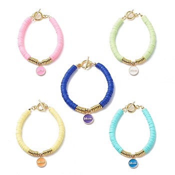5Pcs 5 Color Handmade Polymer Clay Heishi Surfer Stretch Bracelets Set, Word Mom Alloy Enamel Charms Stackable Bracelets for Mother's Day, Mixed Color, 7-1/2 inch(19cm), 1Pc/color