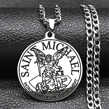 304 Stainless Steel Pendant Necklaces, Flat Round with Saint Michael, Stainless Steel Color, 23.43 inch(59.5cm)