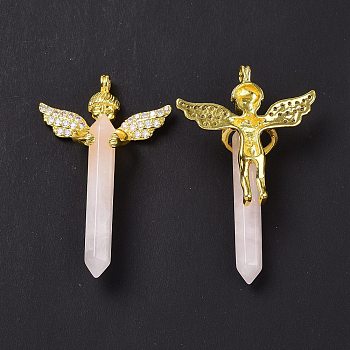 Natural Rose Quartz Faceted Double Terminal Pointed Big Pendants, Angel Charms, with Golden Tone Brass Findings, 54~56x34~36x11~12mm, Hole: 3mm