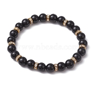 8mm Round Natural Black Onyx(Dyed & Heated) Beaded Stretch Bracelets for Women, Brass Rhinestone Bracelets, Golden, Inner Diameter: 2-1/8 inch(5.5cm)(BJEW-JB10796)