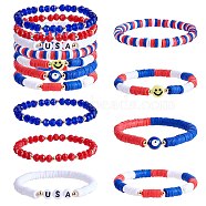 7Pcs 7 Style Handmade Polymer Clay Heishi Surfer Stretch Bracelets Set, Word USA America Theme Preppy Bracelets with Acrylic Evil Eye and Smiling Face for Women, Mixed Color, Inner Diameter: 2-1/8 inch(5.3cm), 1Pc/style(BJEW-SW00076)
