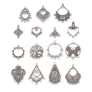 Jewelry 60Pcs 15 Style Tibetan Style Alloy Chandelier Component Links, Hollow, Heart/Teardrop/Rhombus, Antique Silver, 20~39.5x16.5~30x1~3mm, Hole: 1.2~3mm, 4pcs/style(FIND-PJ0001-26)