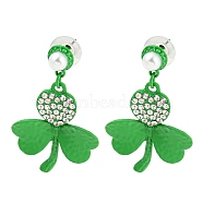 Saint Patrick's Day Zinc Alloy Clover Dangle Stud Earrings with Rhinestones, Lime Green, 48x29mm(EJEW-Q784-03P-01)
