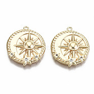 Brass Micro Pave Clear Cubic Zirconia Pendants, Nickel Free, Flat Round with Sun & Star, Real 18K Gold Plated, 20.5x17.5x3mm, Hole: 1mm(X-KK-S356-219G-NF)